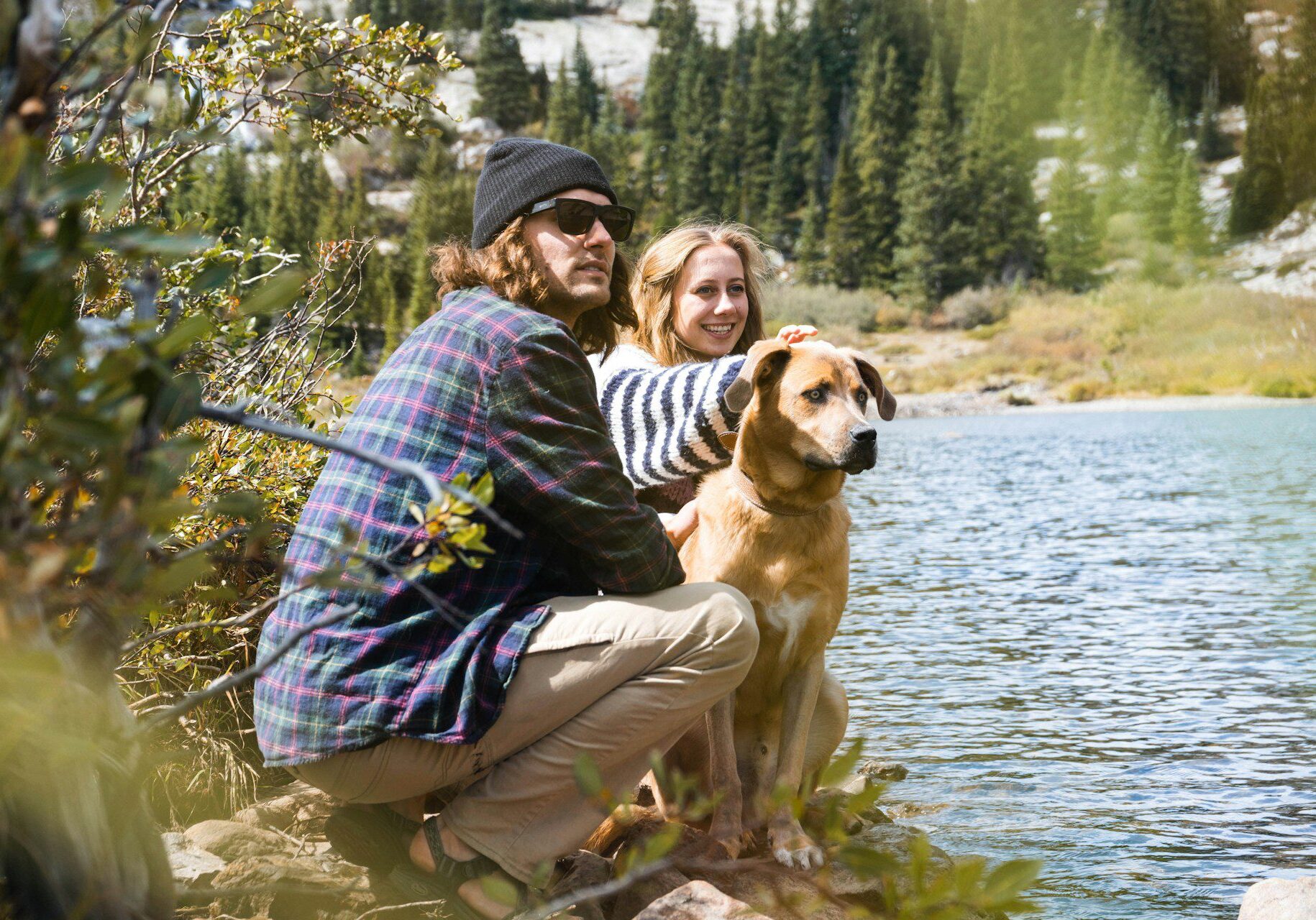 dog with their owners on a hike by a river